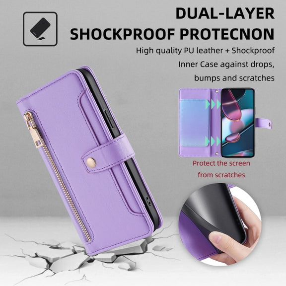 For Motorola Edge X30 Sheep Texture Cross-body Zipper Wallet Leather Phone Case(Purple)