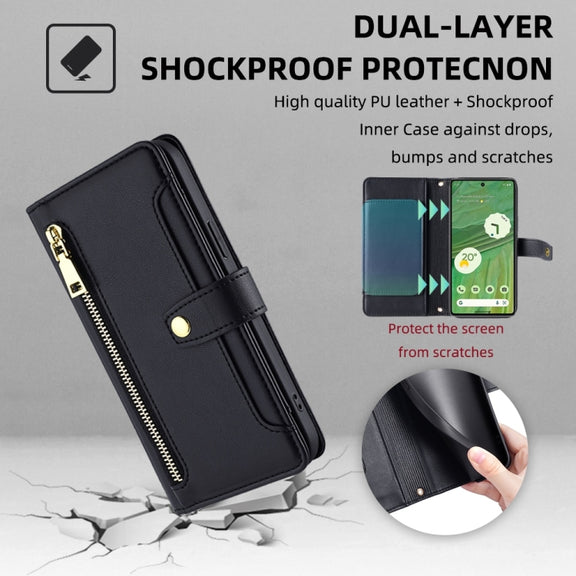 For Google Pixel 7 5G Sheep Texture Cross-body Zipper Wallet Leather Phone Case(Black)
