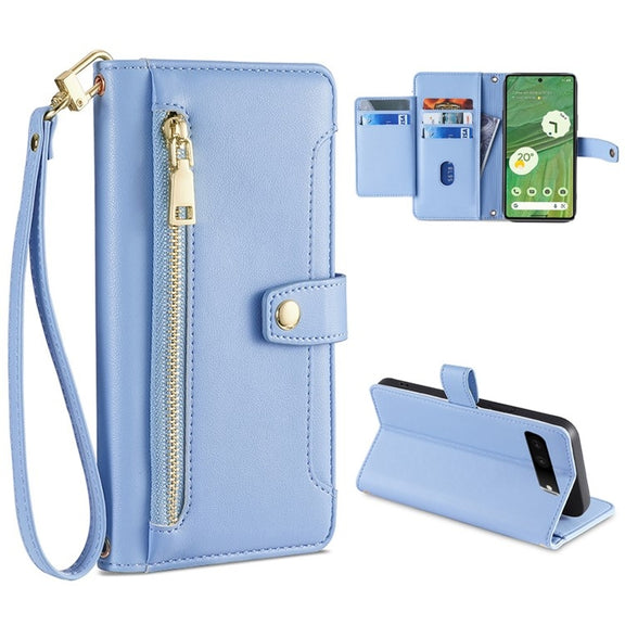 For Google Pixel 7 5G Sheep Texture Cross-body Zipper Wallet Leather Phone Case(Blue)