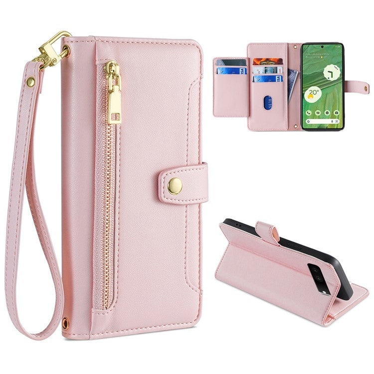For Google Pixel 7 5G Sheep Texture Cross-body Zipper Wallet Leather Phone Case(Pink)