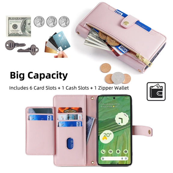 For Google Pixel 7 5G Sheep Texture Cross-body Zipper Wallet Leather Phone Case(Pink)