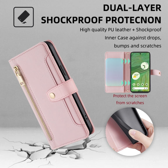 For Google Pixel 7 5G Sheep Texture Cross-body Zipper Wallet Leather Phone Case(Pink)