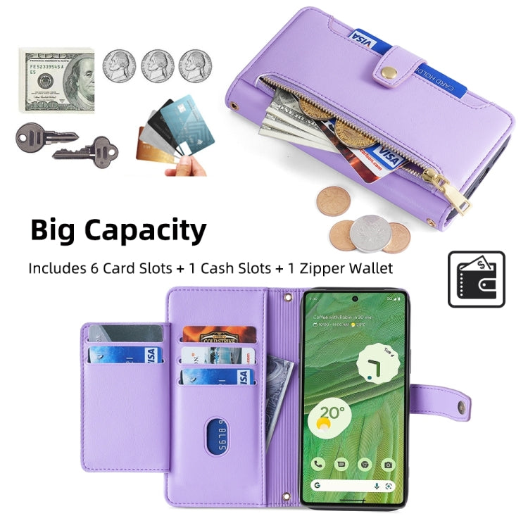 For Google Pixel 7 5G Sheep Texture Cross-body Zipper Wallet Leather Phone Case(Purple)