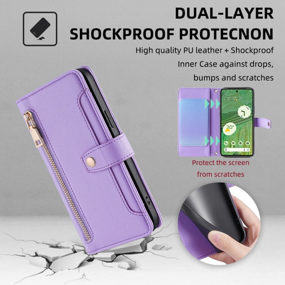 For Google Pixel 7 5G Sheep Texture Cross-body Zipper Wallet Leather Phone Case(Purple)