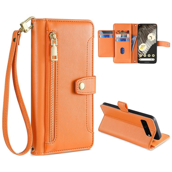 For Google Pixel 7 Pro Sheep Texture Cross-body Zipper Wallet Leather Phone Case(Orange)