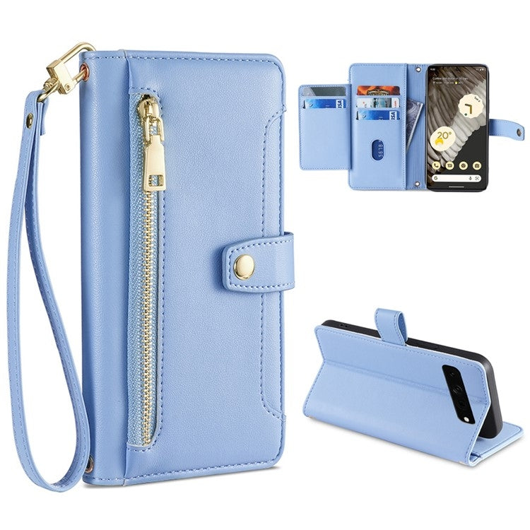 For Google Pixel 7 Pro Sheep Texture Cross-body Zipper Wallet Leather Phone Case(Blue)