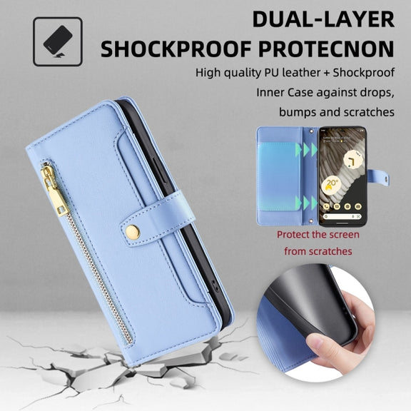 For Google Pixel 7 Pro Sheep Texture Cross-body Zipper Wallet Leather Phone Case(Blue)