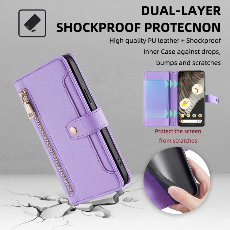 For Google Pixel 7 Pro Sheep Texture Cross-body Zipper Wallet Leather Phone Case(Purple)