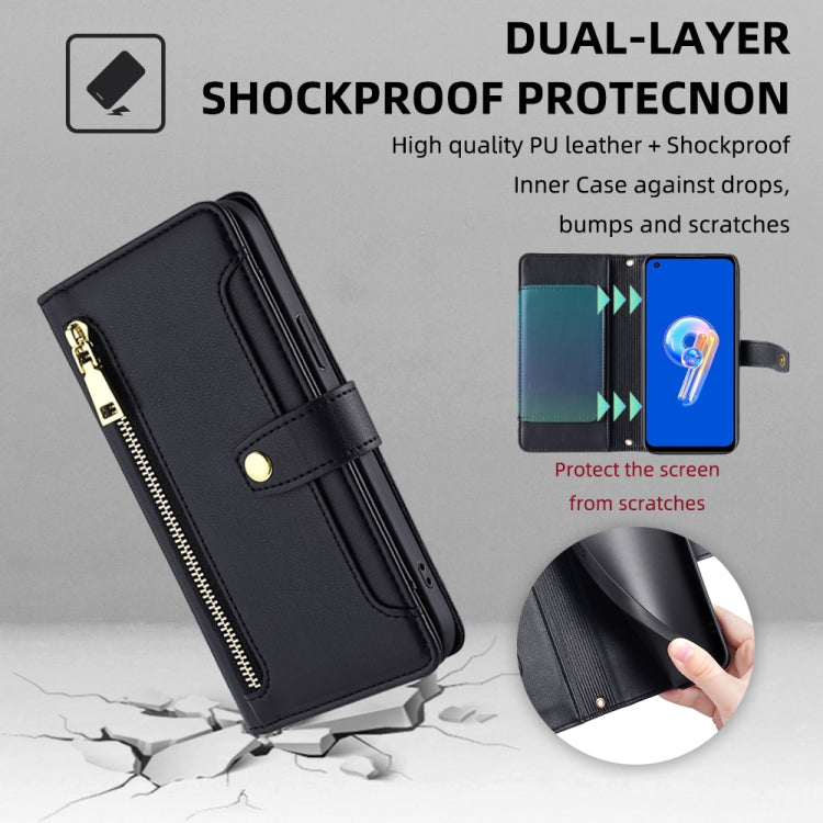 For ASUS Zenfone 9 / Zenfone 9Z Sheep Texture Cross-body Zipper Wallet Leather Phone Case(Black)