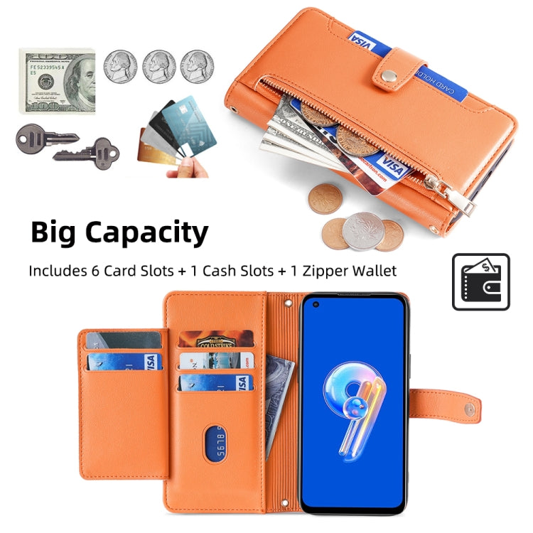 For ASUS Zenfone 9 / Zenfone 9Z Sheep Texture Cross-body Zipper Wallet Leather Phone Case(Orange)