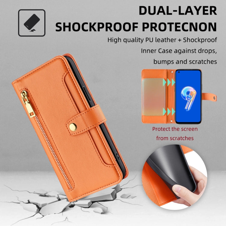For ASUS Zenfone 9 / Zenfone 9Z Sheep Texture Cross-body Zipper Wallet Leather Phone Case(Orange)