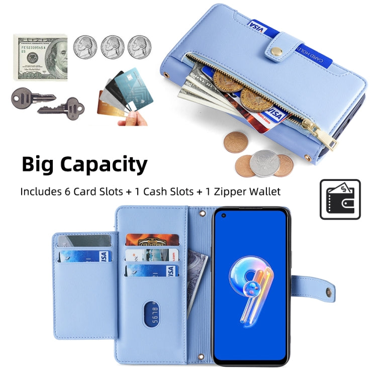 For ASUS Zenfone 9 / Zenfone 9Z Sheep Texture Cross-body Zipper Wallet Leather Phone Case(Blue)