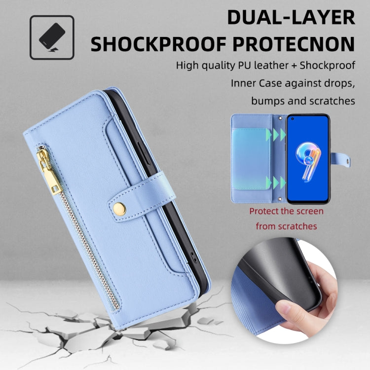 For ASUS Zenfone 9 / Zenfone 9Z Sheep Texture Cross-body Zipper Wallet Leather Phone Case(Blue)