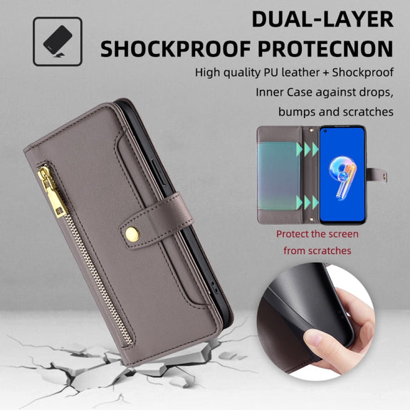 For ASUS Zenfone 9 / Zenfone 9Z Sheep Texture Cross-body Zipper Wallet Leather Phone Case(Grey)
