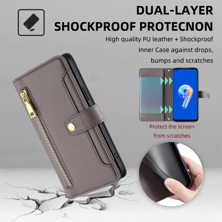 For ASUS Zenfone 9 / Zenfone 9Z Sheep Texture Cross-body Zipper Wallet Leather Phone Case(Grey)
