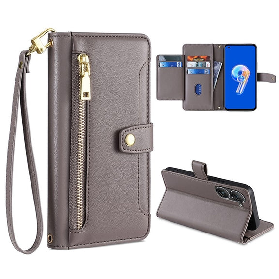 For ASUS Zenfone 9 / Zenfone 9Z Sheep Texture Cross-body Zipper Wallet Leather Phone Case(Grey)