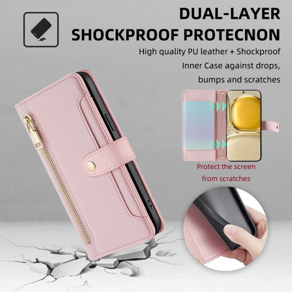 For Huawei P50 Sheep Texture Cross-body Zipper Wallet Leather Phone Case(Pink)