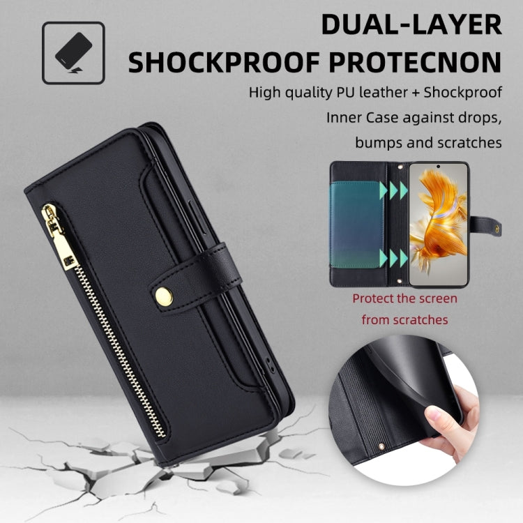 For Huawei Mate 50 Sheep Texture Cross-body Zipper Wallet Leather Phone Case(Black)