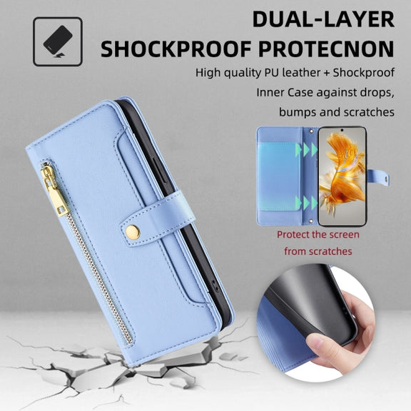 For Huawei Mate 50 Sheep Texture Cross-body Zipper Wallet Leather Phone Case(Blue)