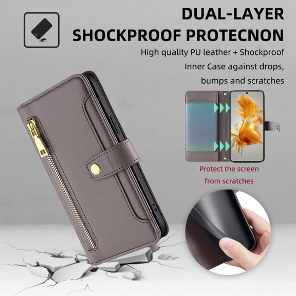 For Huawei Mate 50 Sheep Texture Cross-body Zipper Wallet Leather Phone Case(Grey)