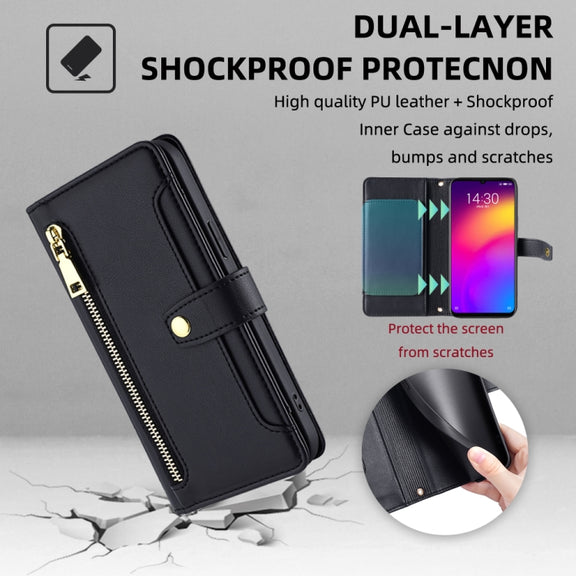 For Meizu Note 9 Sheep Texture Cross-body Zipper Wallet Leather Phone Case(Black)