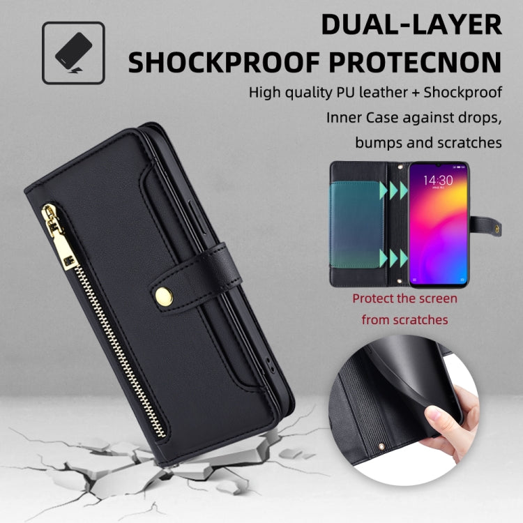 For Meizu Note 9 Sheep Texture Cross-body Zipper Wallet Leather Phone Case(Black)