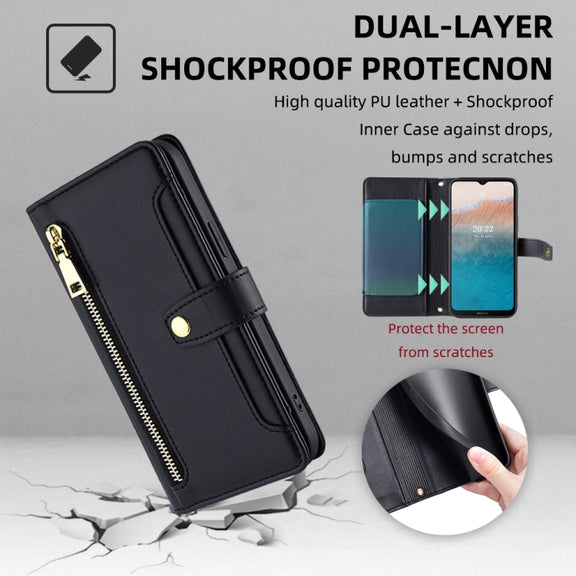 For Nokia C21 Plus Sheep Texture Cross-body Zipper Wallet Leather Phone Case(Black)