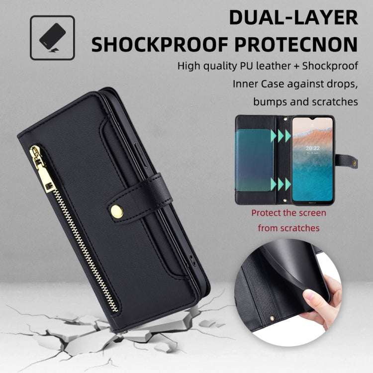 For Nokia C21 Plus Sheep Texture Cross-body Zipper Wallet Leather Phone Case(Black)