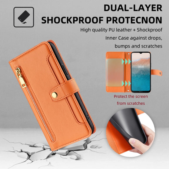 For Nokia C21 Plus Sheep Texture Cross-body Zipper Wallet Leather Phone Case(Orange)