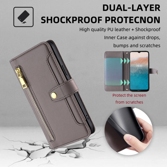 For Nokia C21 Plus Sheep Texture Cross-body Zipper Wallet Leather Phone Case(Grey)