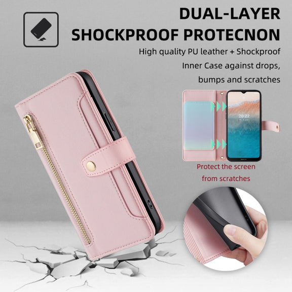 For Nokia C21 Plus Sheep Texture Cross-body Zipper Wallet Leather Phone Case(Pink)