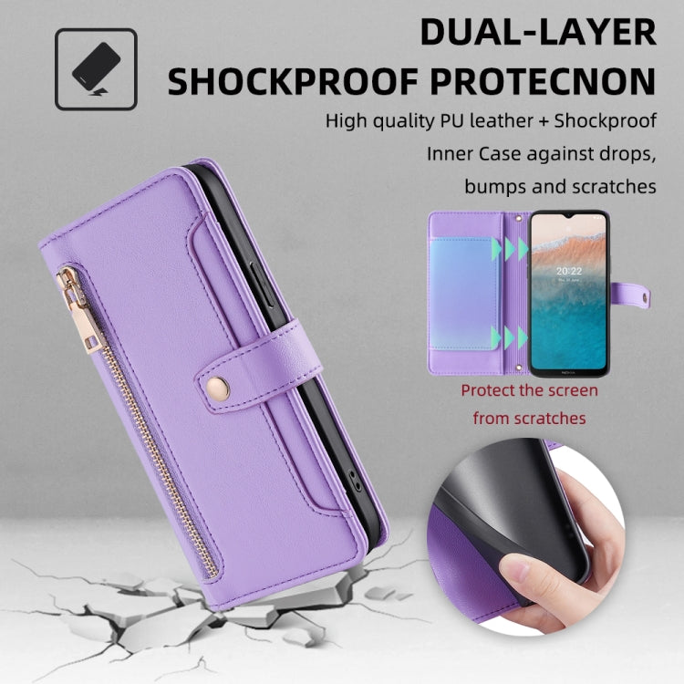 For Nokia C21 Plus Sheep Texture Cross-body Zipper Wallet Leather Phone Case(Purple)
