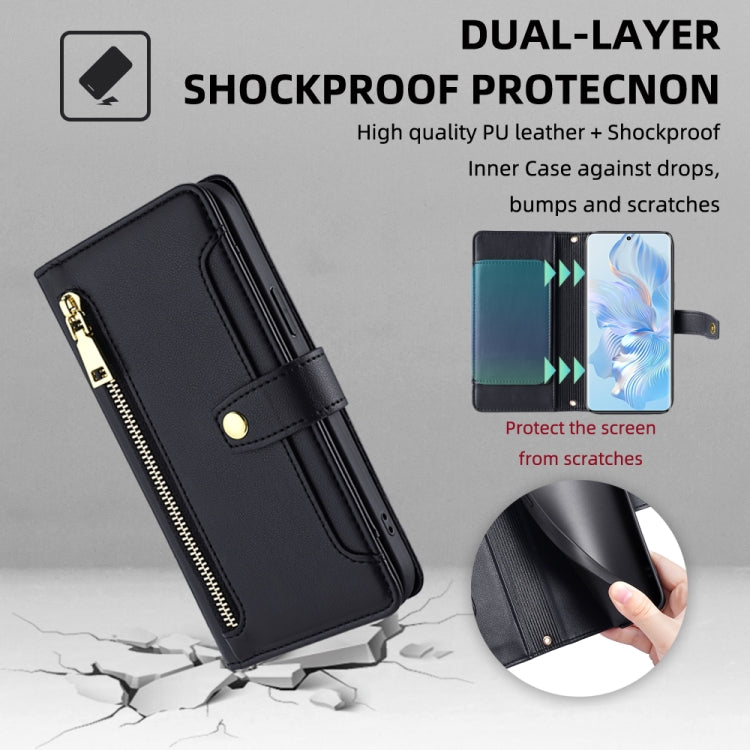 For Honor 80 Sheep Texture Cross-body Zipper Wallet Leather Phone Case(Black)