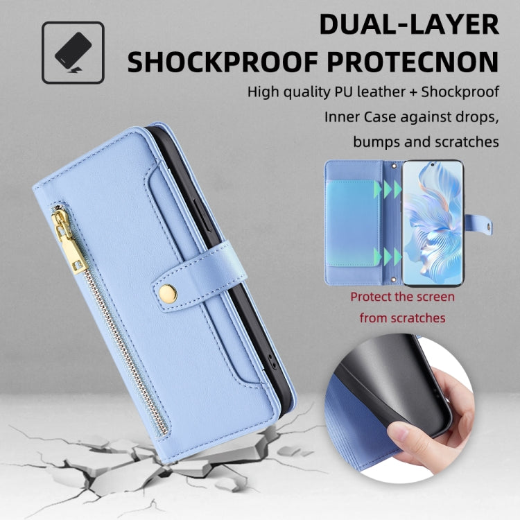 For Honor 80 Sheep Texture Cross-body Zipper Wallet Leather Phone Case(Blue)