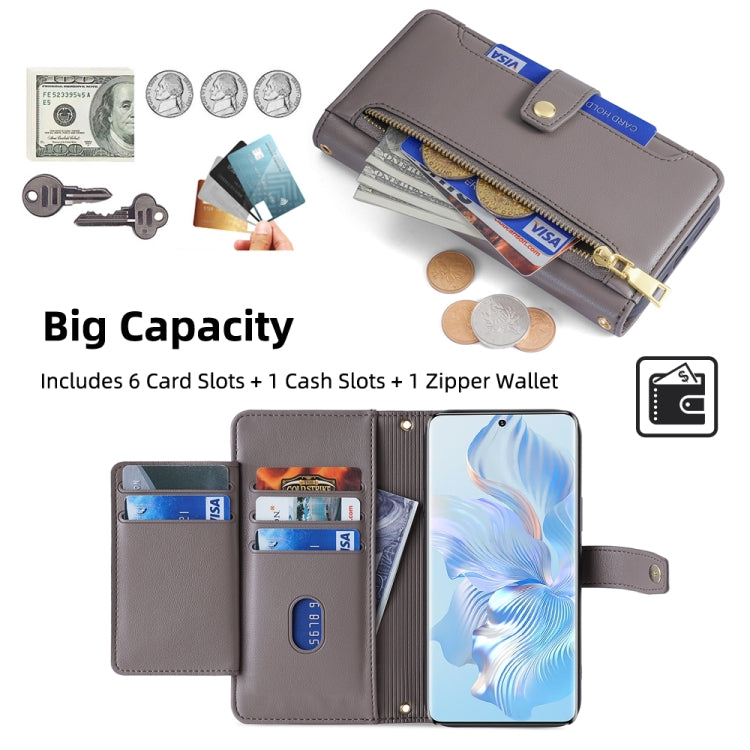 For Honor 80 Sheep Texture Cross-body Zipper Wallet Leather Phone Case(Grey)