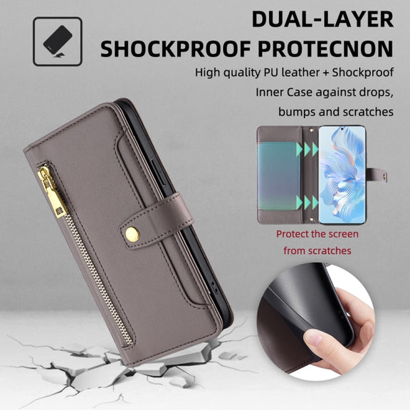 For Honor 80 Sheep Texture Cross-body Zipper Wallet Leather Phone Case(Grey)