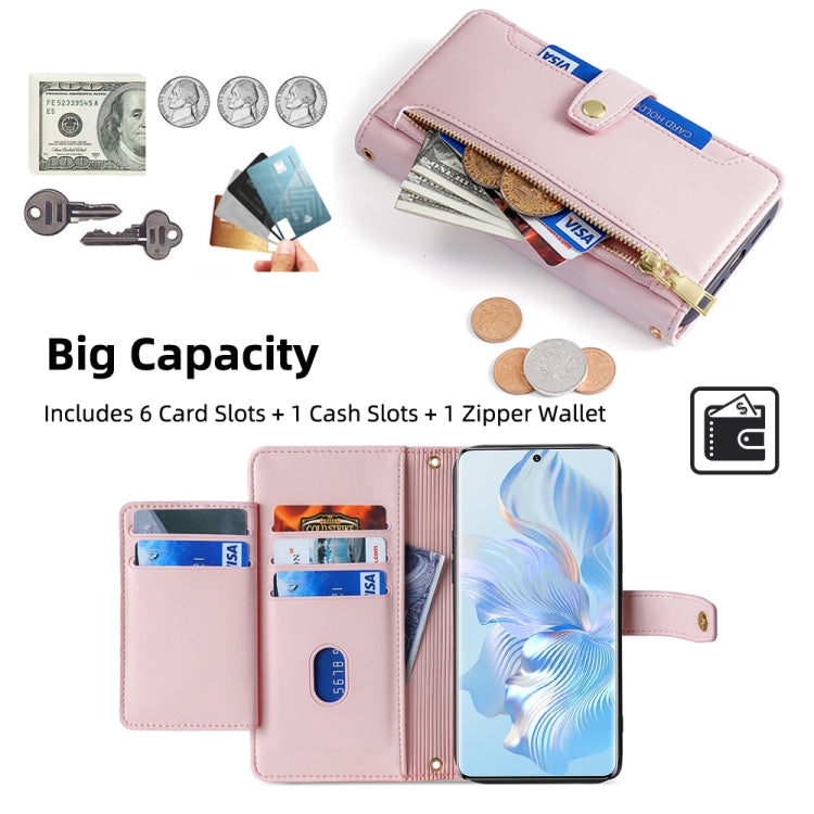 For Honor 80 Sheep Texture Cross-body Zipper Wallet Leather Phone Case(Pink)