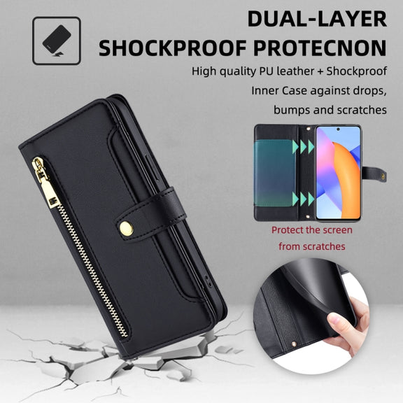 For Honor 10X Lite Sheep Texture Cross-body Zipper Wallet Leather Phone Case(Black)