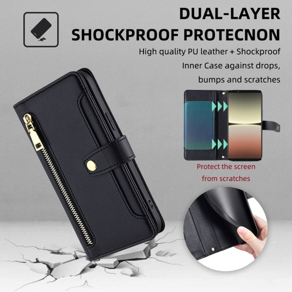 For Sony Xperia 5 IV Sheep Texture Cross-body Zipper Wallet Leather Phone Case(Black)