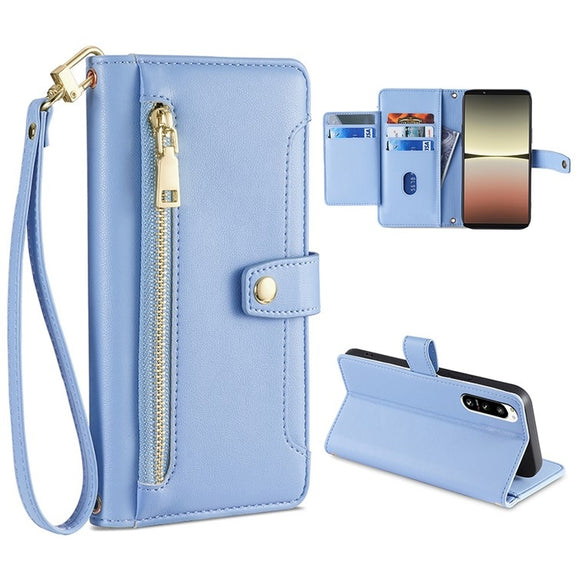 For Sony Xperia 5 IV Sheep Texture Cross-body Zipper Wallet Leather Phone Case(Blue)