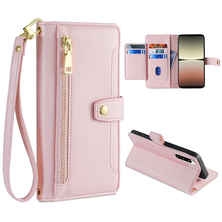 For Sony Xperia 5 IV Sheep Texture Cross-body Zipper Wallet Leather Phone Case(Pink)