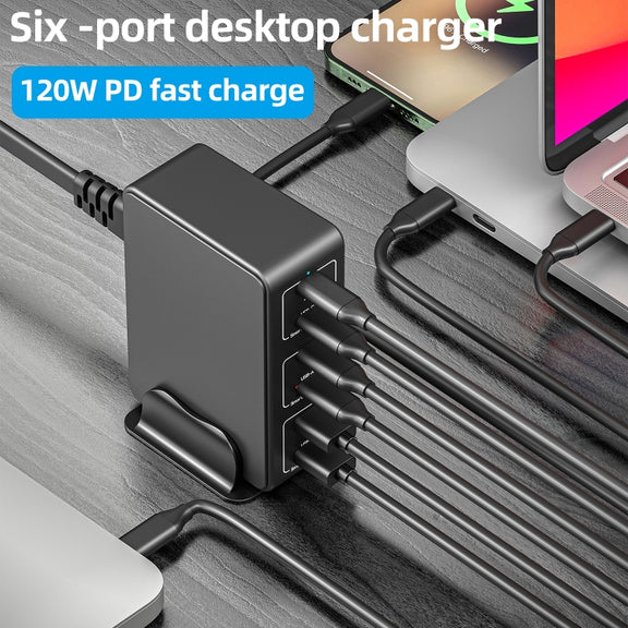 818H 120W Type-C + USB 6-Ports Desktop Fast Charger, Plug Type:US Plug(Black)