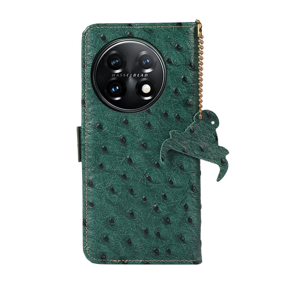 For OnePlus 11 5G Ostrich Pattern Genuine Leather RFID Phone Case(Green)