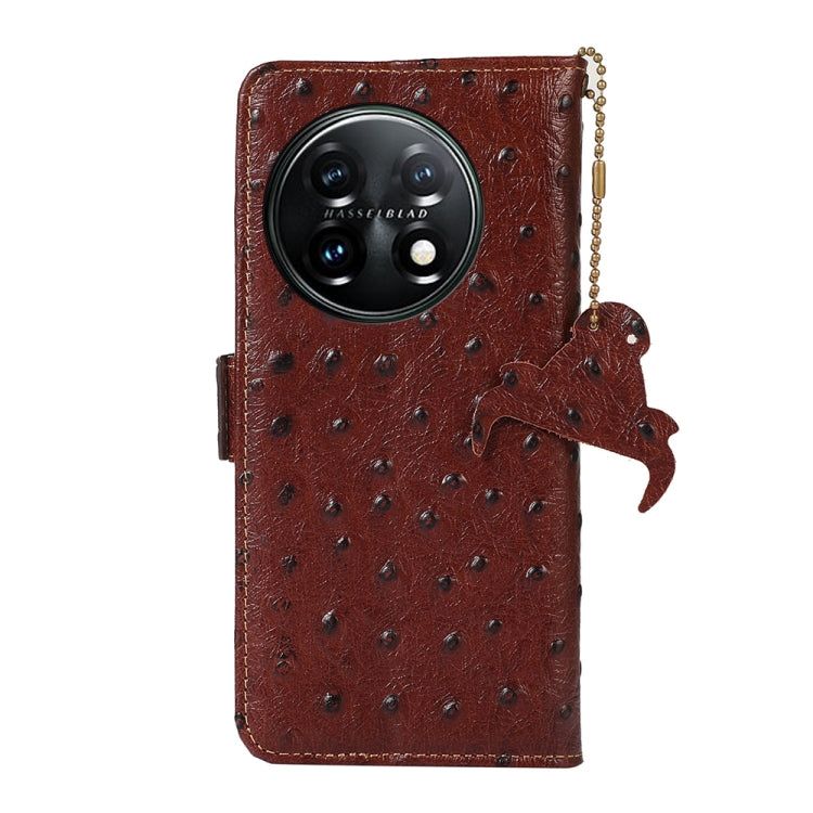 For OnePlus 11 5G Ostrich Pattern Genuine Leather RFID Phone Case(Coffee)