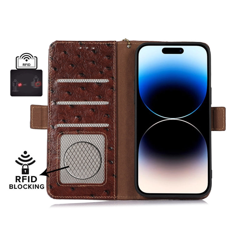 For OnePlus 11 5G Ostrich Pattern Genuine Leather RFID Phone Case(Coffee)