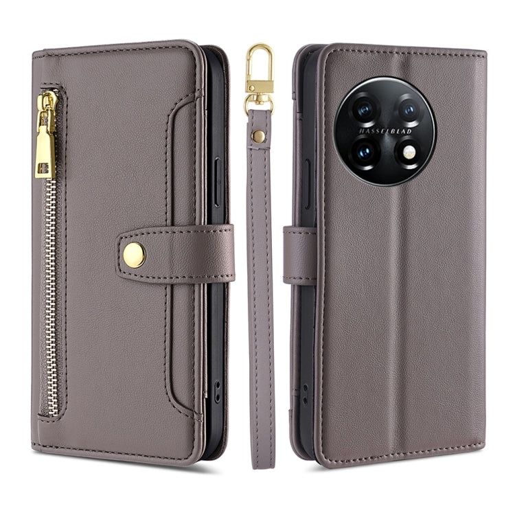 For OnePlus 11 Sheep Texture Cross-body Zipper Wallet Leather Phone Case(Grey)