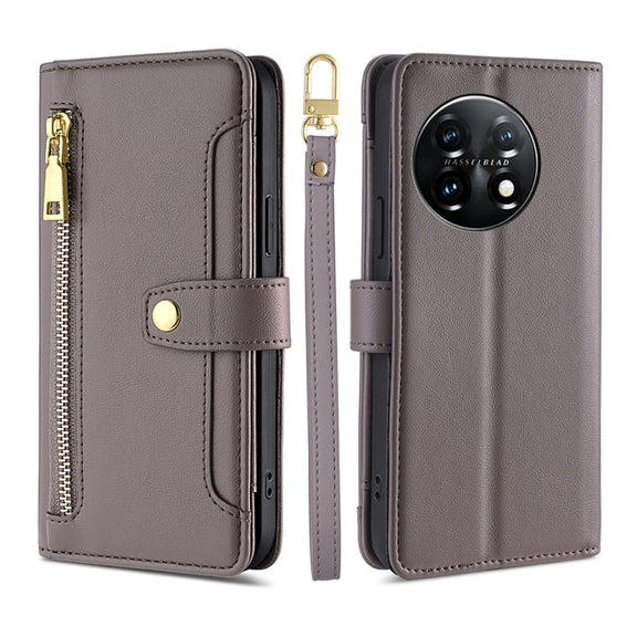 For OnePlus 11 Sheep Texture Cross-body Zipper Wallet Leather Phone Case(Grey)
