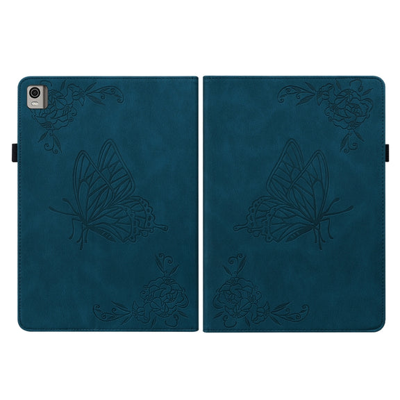 For Nokia T21 Butterfly Flower Embossed Leather Tablet Case(Blue)