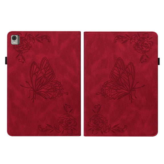 For Nokia T21 Butterfly Flower Embossed Leather Tablet Case(Red)