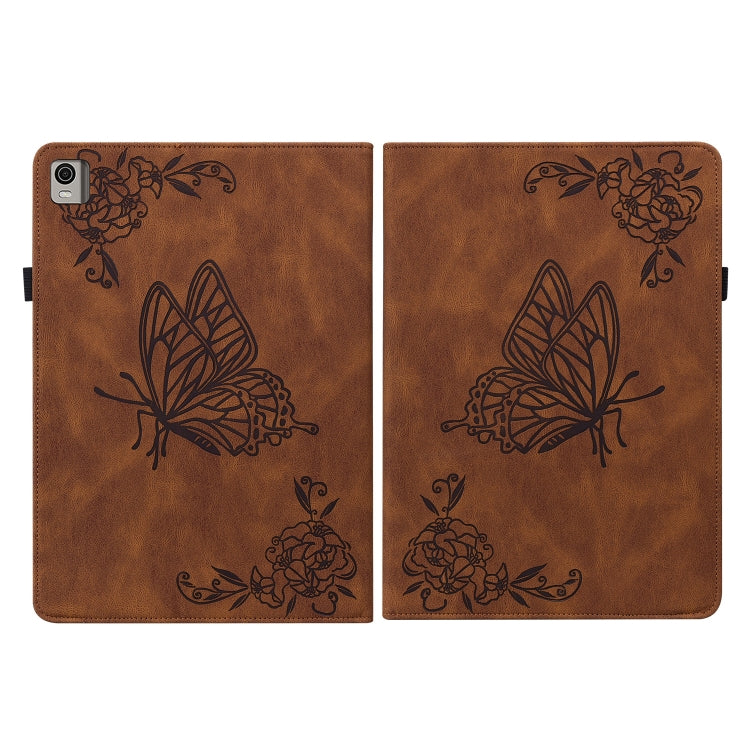 For Nokia T21 Butterfly Flower Embossed Leather Tablet Case(Brown)